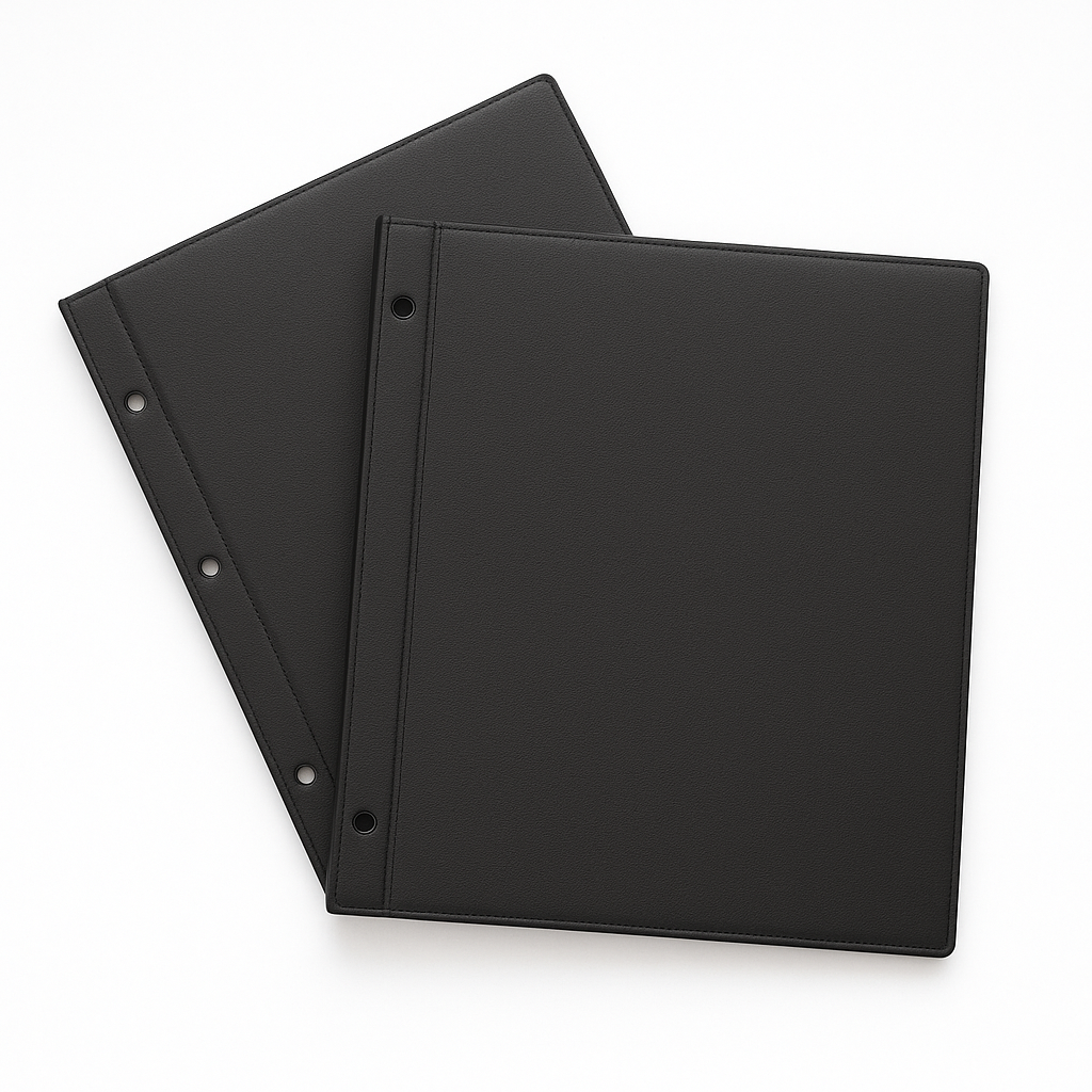 Pastas separables negras para archivo y organización de documentos con perforaciones para sistemas de carpeta y archivado.