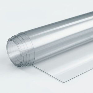 Lámina de PVC transparente flexible enrollada utilizada para fabricación de productos plásticos y protección documental.