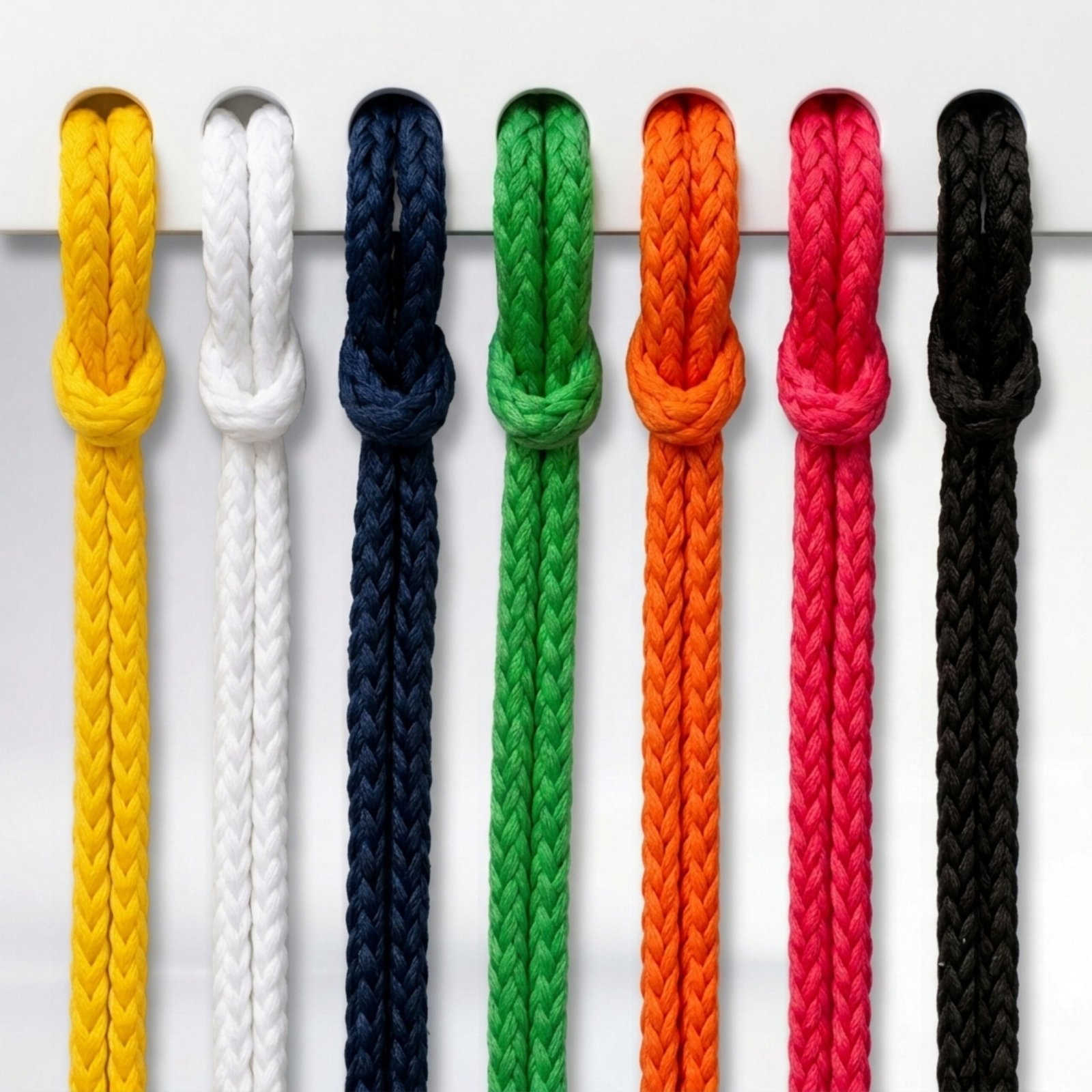 Cordones trenzados para escarapelas y credenciales disponibles en colores amarillo, blanco, azul, verde, naranja, rosa y negro.