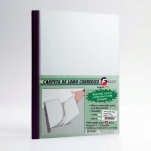 Carpeta de lomo corredizo transparente para sujetar documentos sin perforar y facilitar presentaciones profesionales.