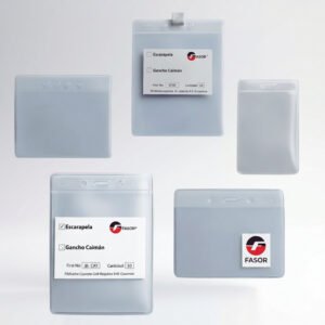 Escarapelas porta carné transparentes en PVC para identificación empresarial, institucional y control de acceso.