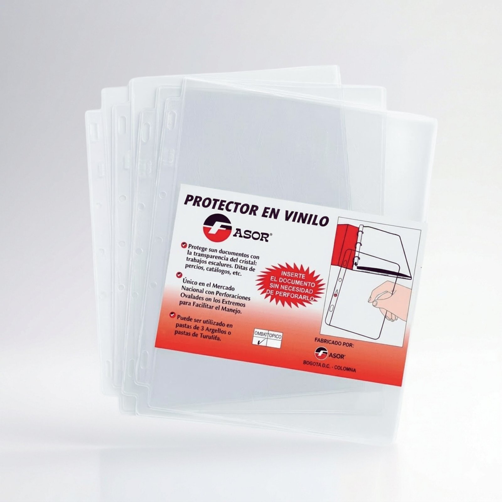 Protectores de hojas en vinilo transparente para archivar documentos en carpetas de argollas sin necesidad de perforación.