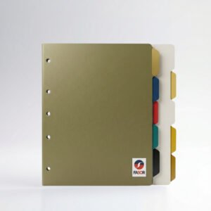 Juego de separadores para carpetas con pestañas de colores y perforaciones para archivadores, diseñado para organizar documentos por categorías.