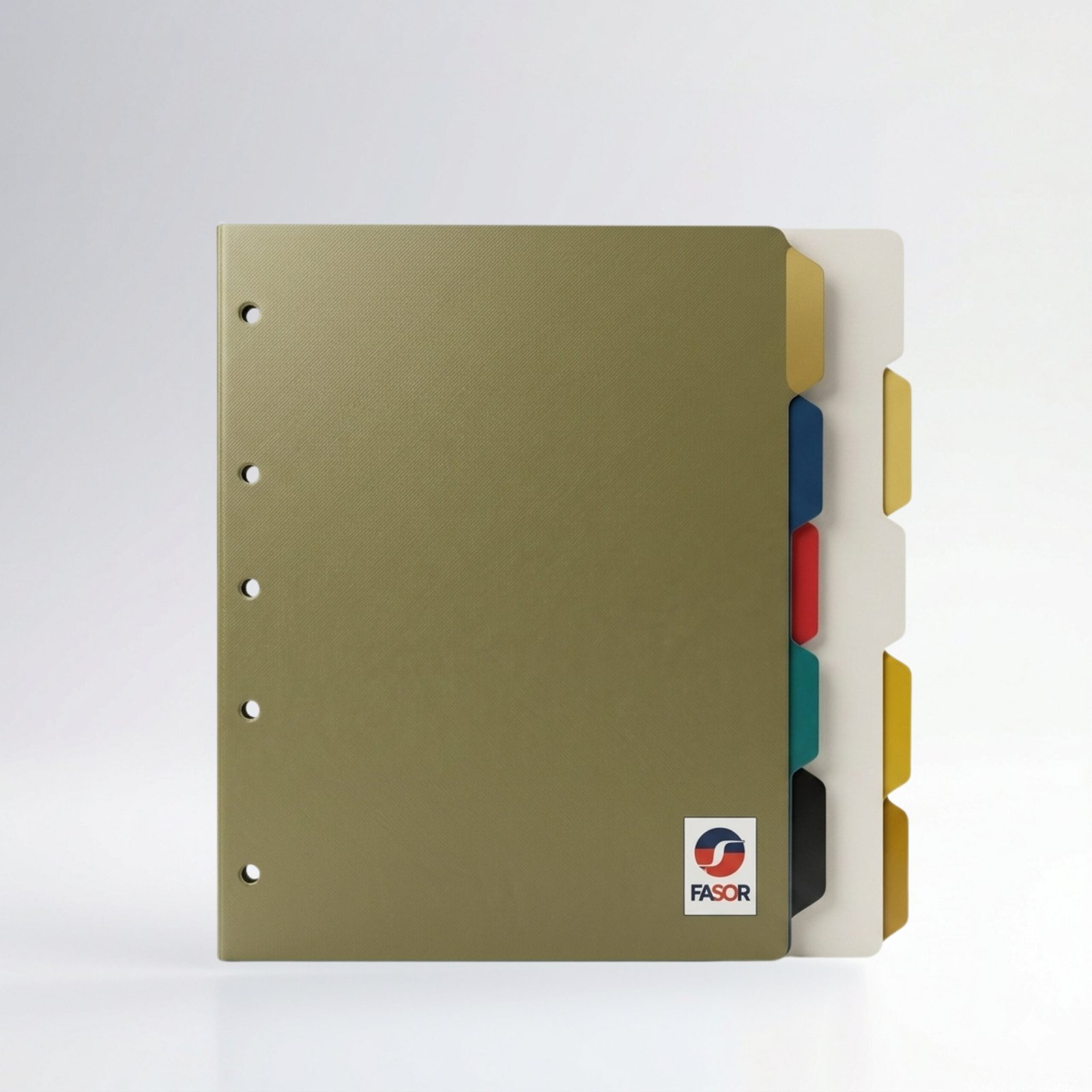 Juego de separadores para carpetas con pestañas de colores y perforaciones para archivadores, diseñado para organizar documentos por categorías.