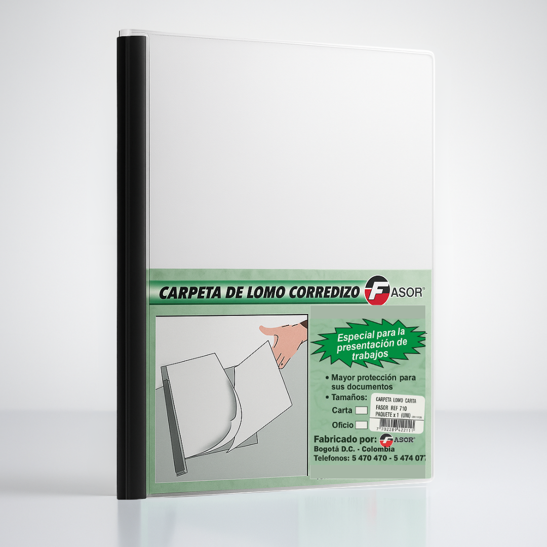 Carpeta de lomo corredizo transparente para sujetar documentos sin perforar y facilitar presentaciones profesionales.