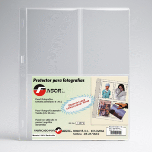 Protector transparente con bolsillos para almacenar y organizar fotografías en álbumes de archivo y colecciones fotográficas.