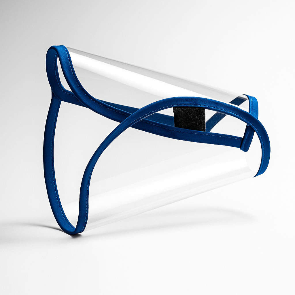 Protector de mangas en vinilo transparente con borde azul diseñado para proteger brazos y ropa en entornos industriales y de trabajo.