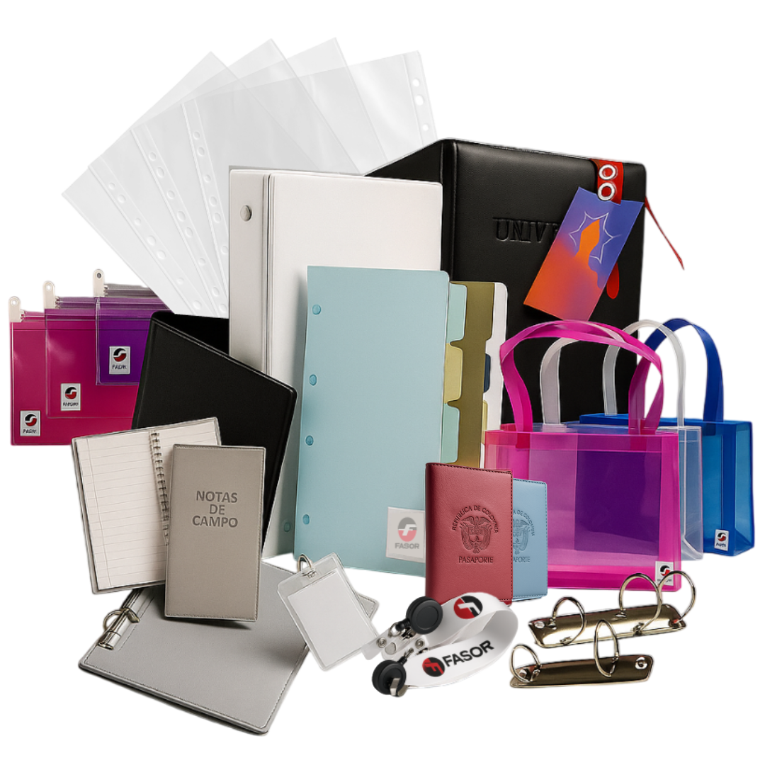 Portafolio de productos de papelería empresarial con carpetas, fundas plásticas, archivadores, portadocumentos, identificadores y artículos para organización documental.