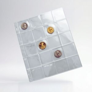 Protector transparente para monedas de colección con compartimentos individuales para almacenamiento y conservación numismática.